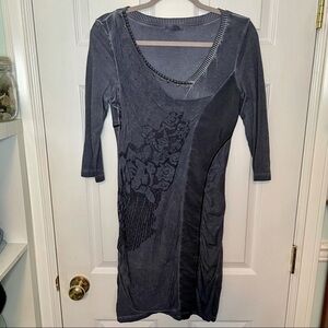 ANVRDIE Angels Never Die Blue Fitted Patchwork Studded Dress 1 small